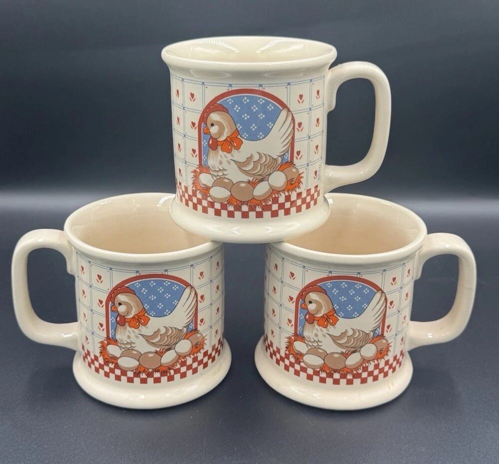 B&D Marsh Nesting Hen On Eggs Mug Rooster Country Farmhouse Set Of 3 Vintage